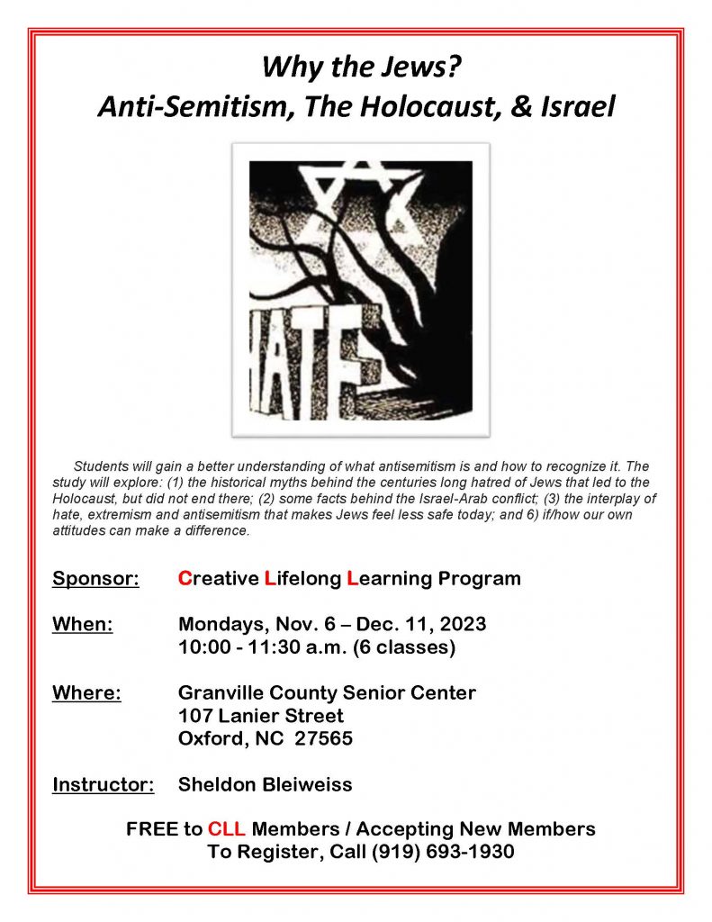 Why the Jews: Antisemitism, the Holocaust, and Israel @ Granville County Senior Center